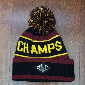 Smooth Sailing Co. Striped Pom-Pom Knitted Beanie - Black, Yellow, Maroon, NWOT
